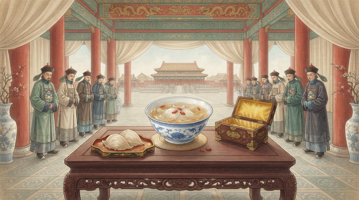 清代宫廷宴席风格插画，燕窝汤为宴席主角