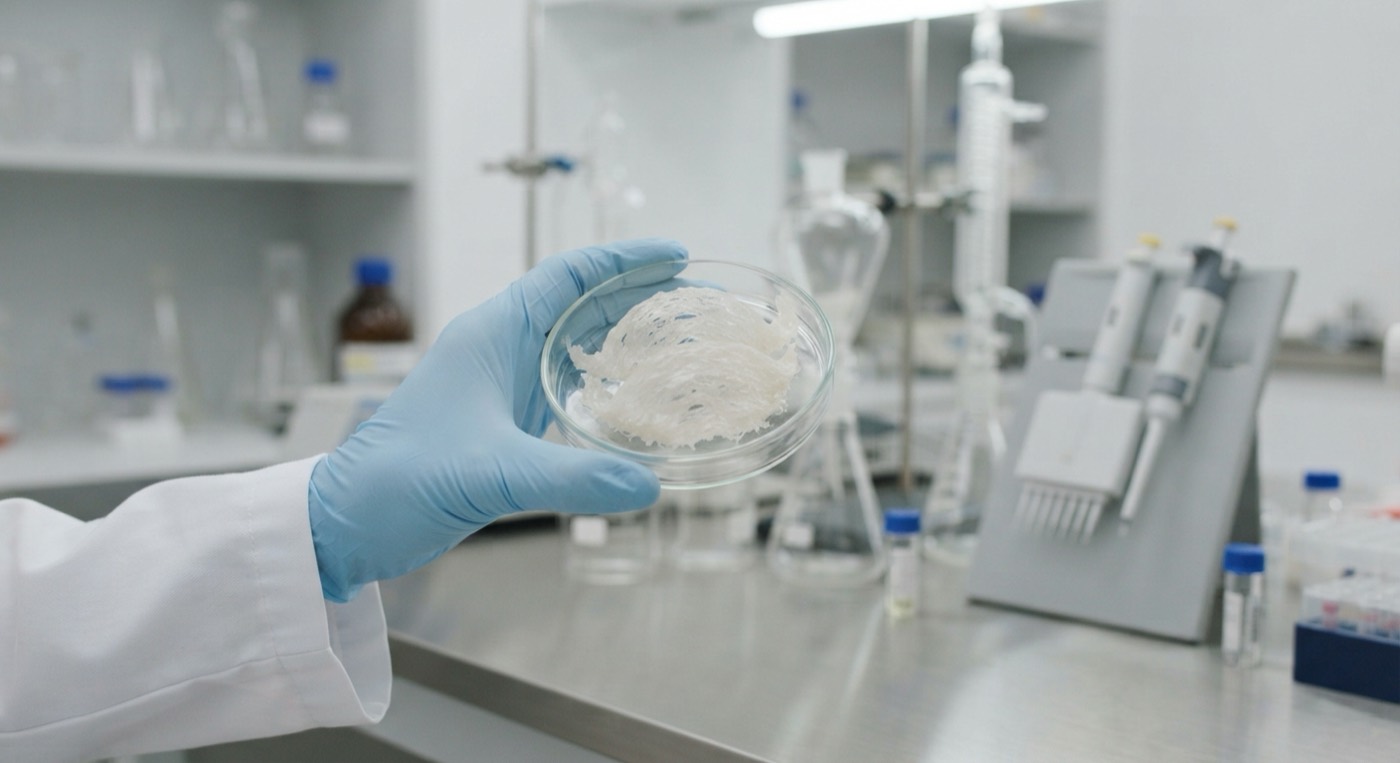 实验室内检视的透明燕窝丝状样本，用于营养科学研究