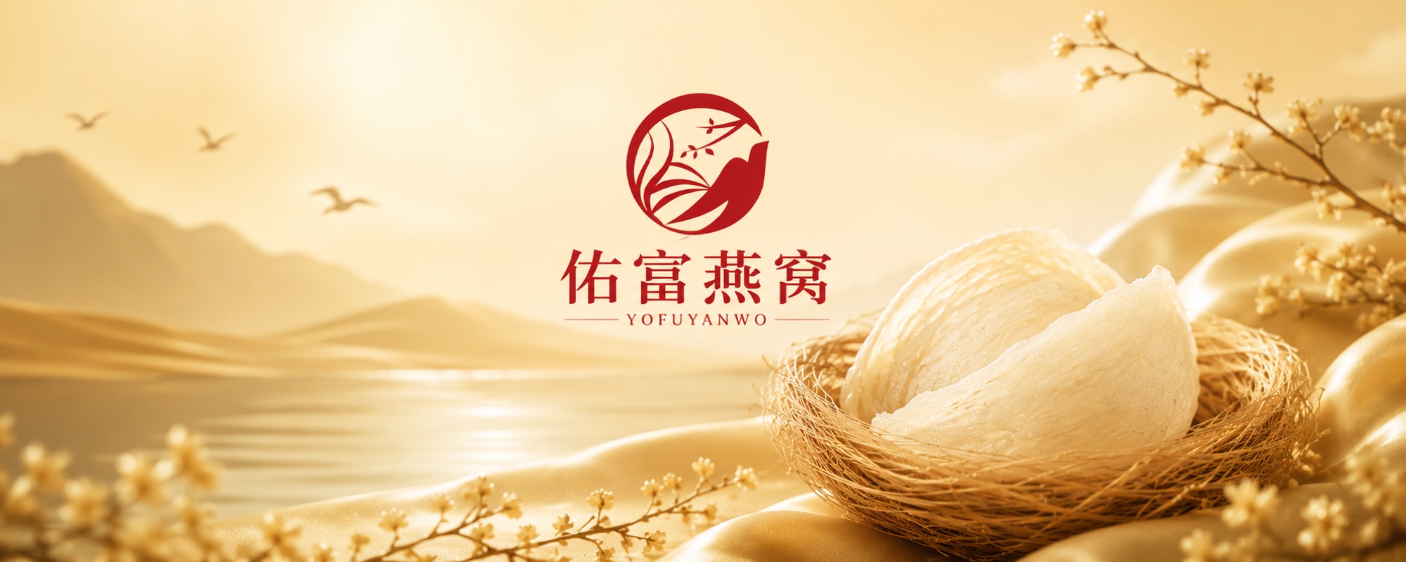 佑富燕窝，金色燕窝巢与梅花，云雾山水