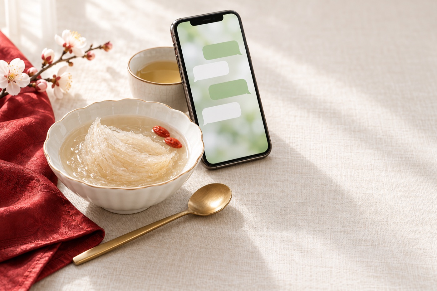 A bowl of freshly stewed bird's nest beside a phone showing a chat